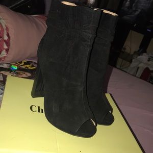Black peep toe suede booties